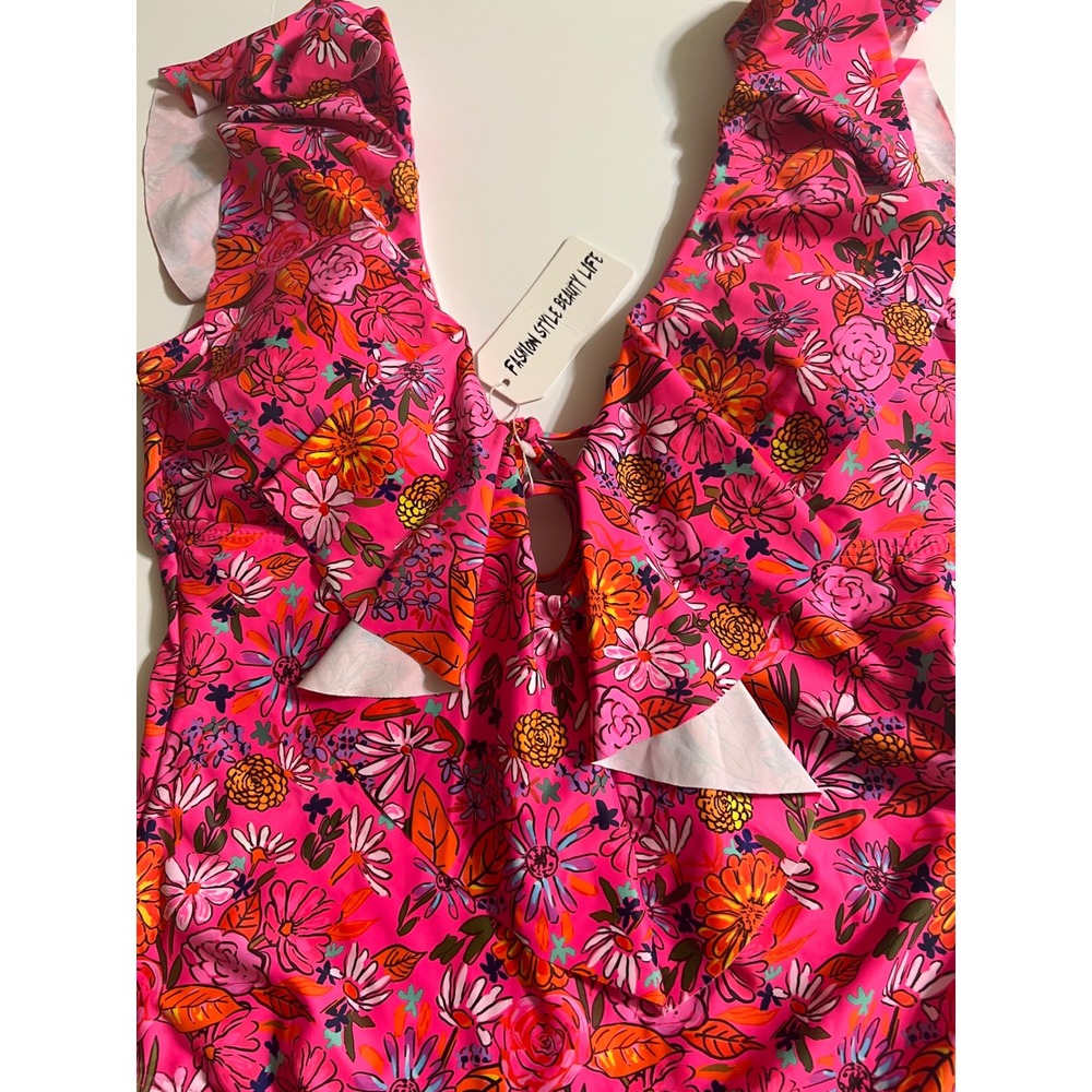 Sporlike Womens Pink Floral Ruffle V-Neck Lace Up One Piece Swimsuit Size L NEW